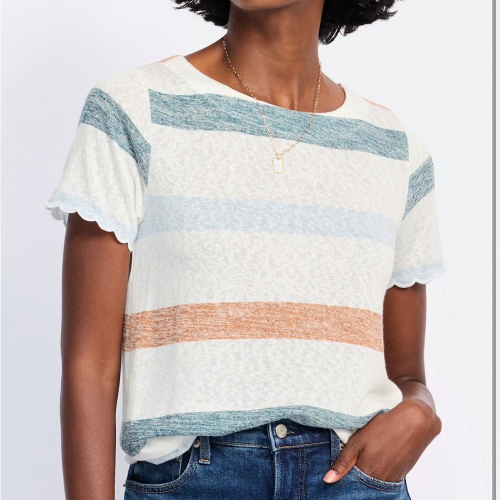 Bobeau Striped Short Sleeve Tee with Scalloped Edges